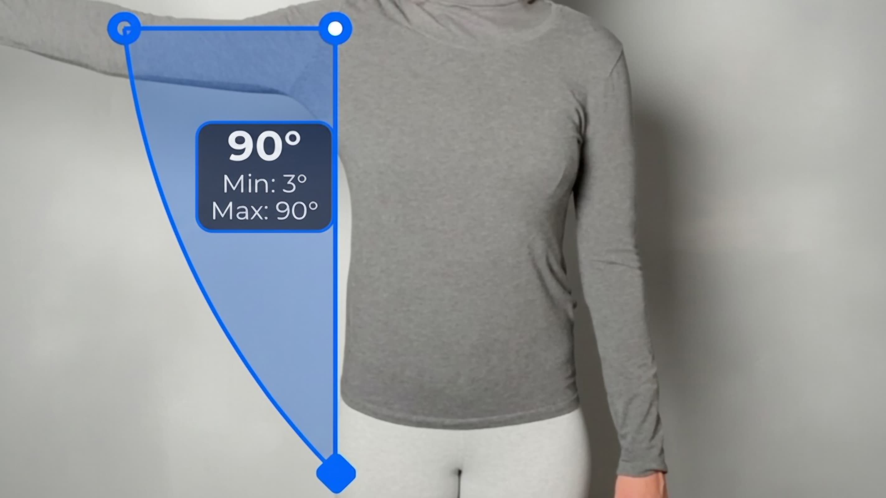 Range of motion assessment showing arm elevation angle measured automatically using computer vision.