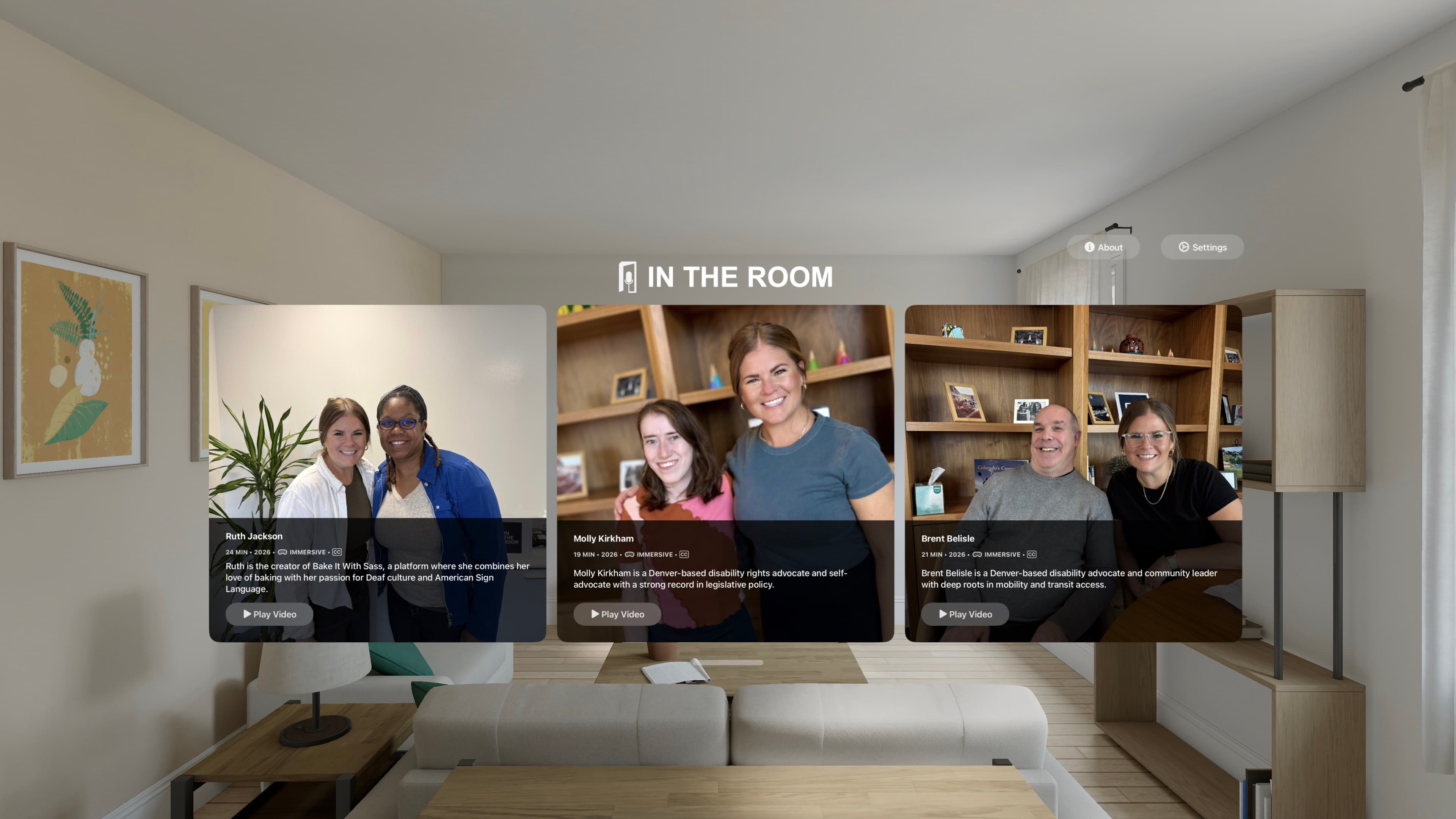 In the Room podcast library displayed in Apple Vision Pro, showing immersive interview episodes featuring Lindsey Mandolini and guests from the disability community.